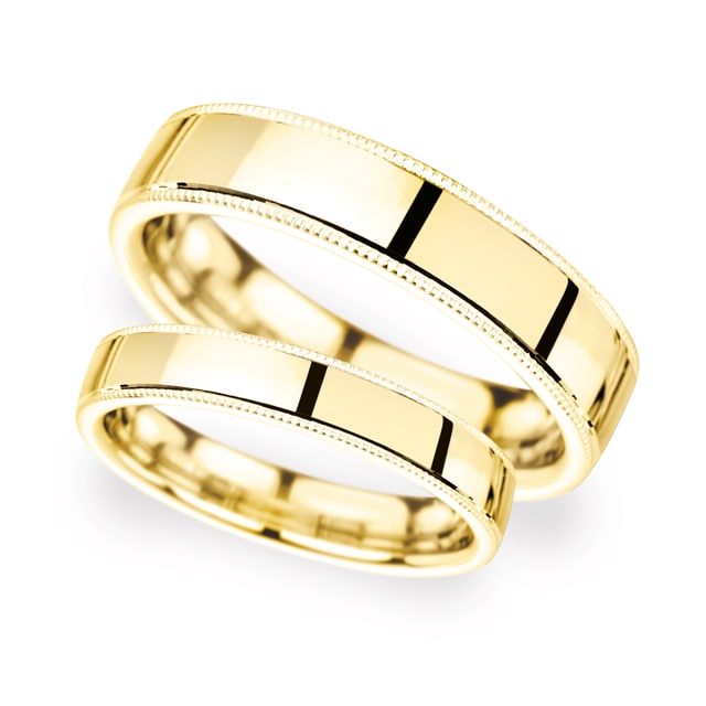 6mm Flat Court Heavy Milgrain Edge Wedding Ring In 18 Carat Yellow Gold - Ring Size G