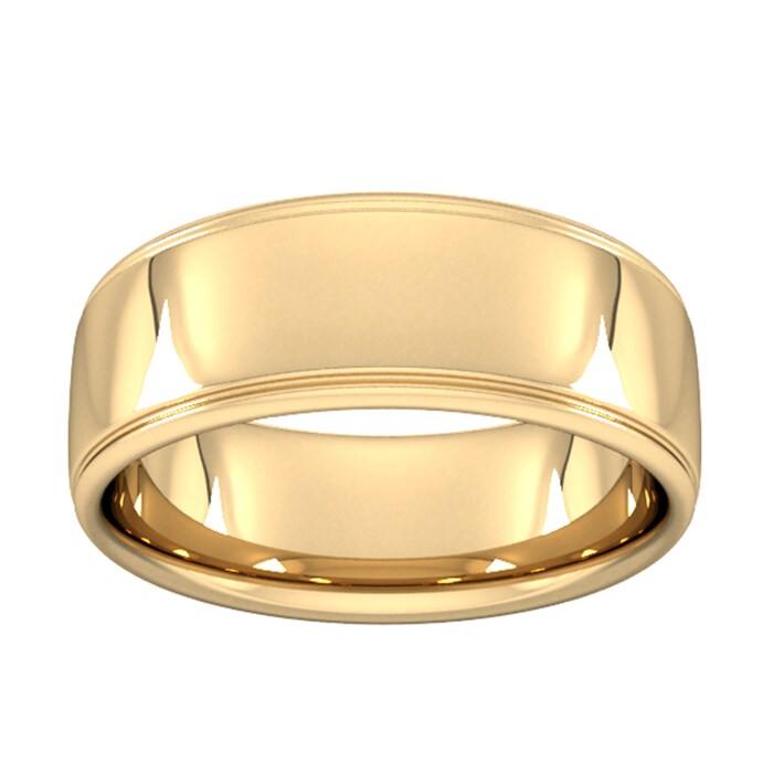 Goldsmiths 8mm Slight Court Heavy Polished Finish With Grooves Wedding Ring In 9 Carat Yellow Gold