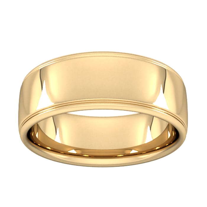 Goldsmiths 8mm Slight Court Standard Polished Finish With Grooves Wedding Ring In 18 Carat Yellow Gold