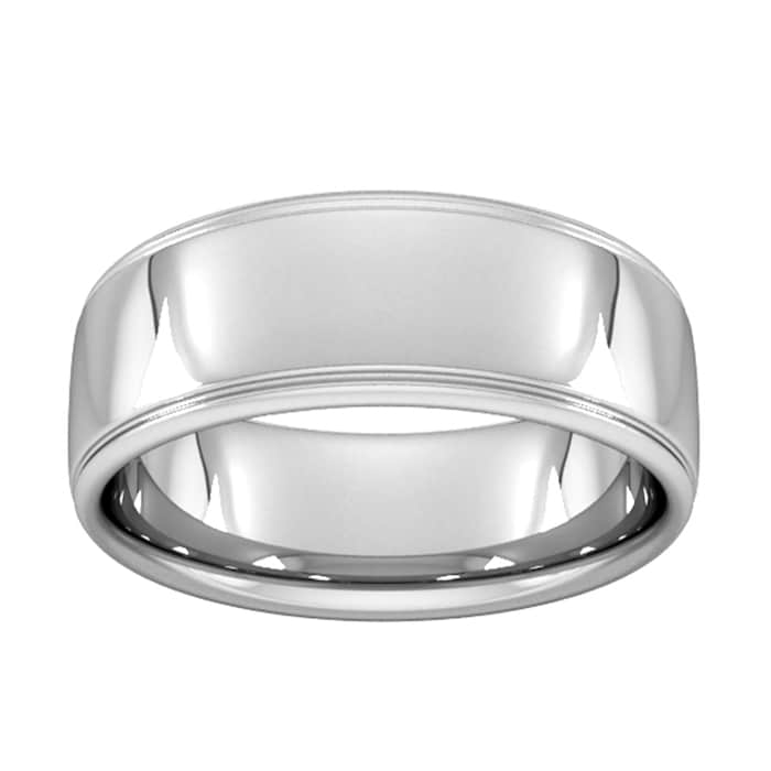 Goldsmiths 8mm Slight Court Standard Polished Finish With Grooves Wedding Ring In Platinum - Ring Size T