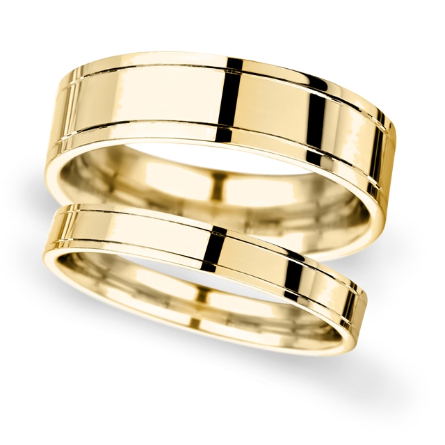 Goldsmiths 8mm Flat Court Heavy Polished Finish With Grooves Wedding Ring In 9 Carat Yellow Gold