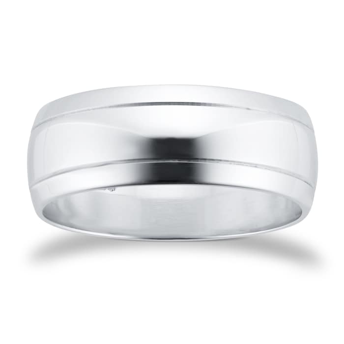 Goldsmiths 8mm D Shape Standard Polished Finish With Grooves Wedding Ring In 9 Carat White Gold