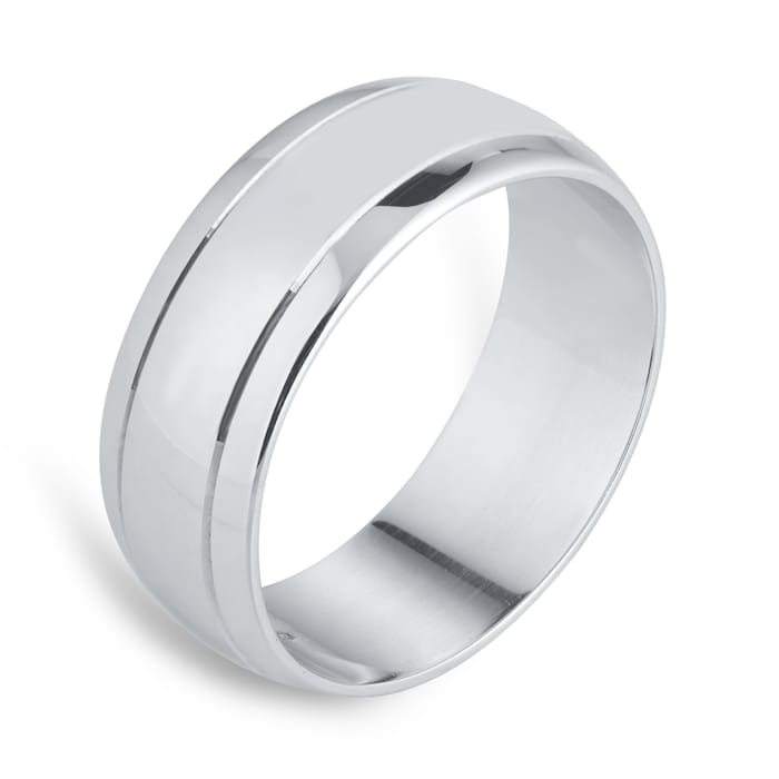 Goldsmiths 8mm D Shape Standard Polished Finish With Grooves Wedding Ring In 9 Carat White Gold