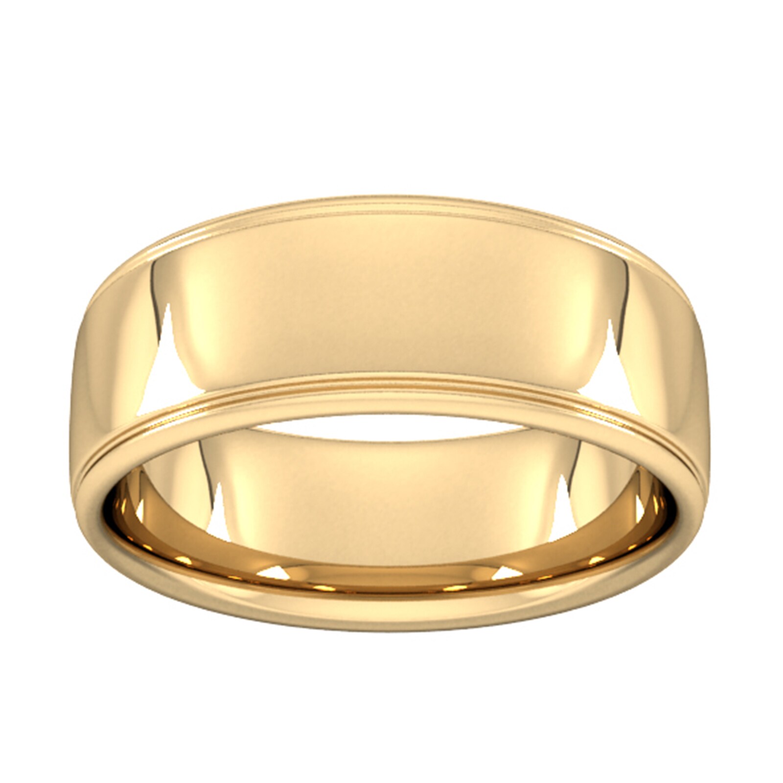 8mm D Shape Heavy Polished Finish With Grooves Wedding Ring In 9 Carat Yellow Gold - Ring Size T