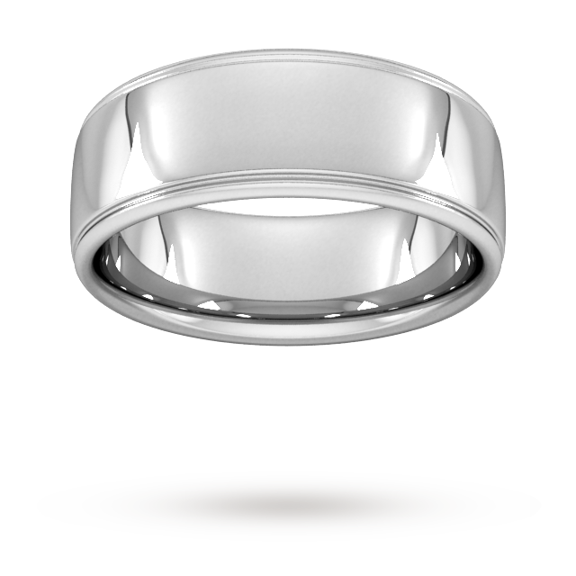 8mm D Shape Heavy Polished Finish With Grooves Wedding Ring In 18 Carat White Gold - Ring Size H