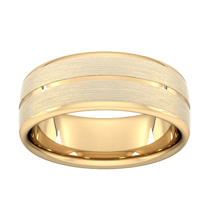 Goldsmiths 8mm Flat Court Heavy Centre Groove With Chamfered Edge Wedding Ring In 18 Carat Yellow Gold