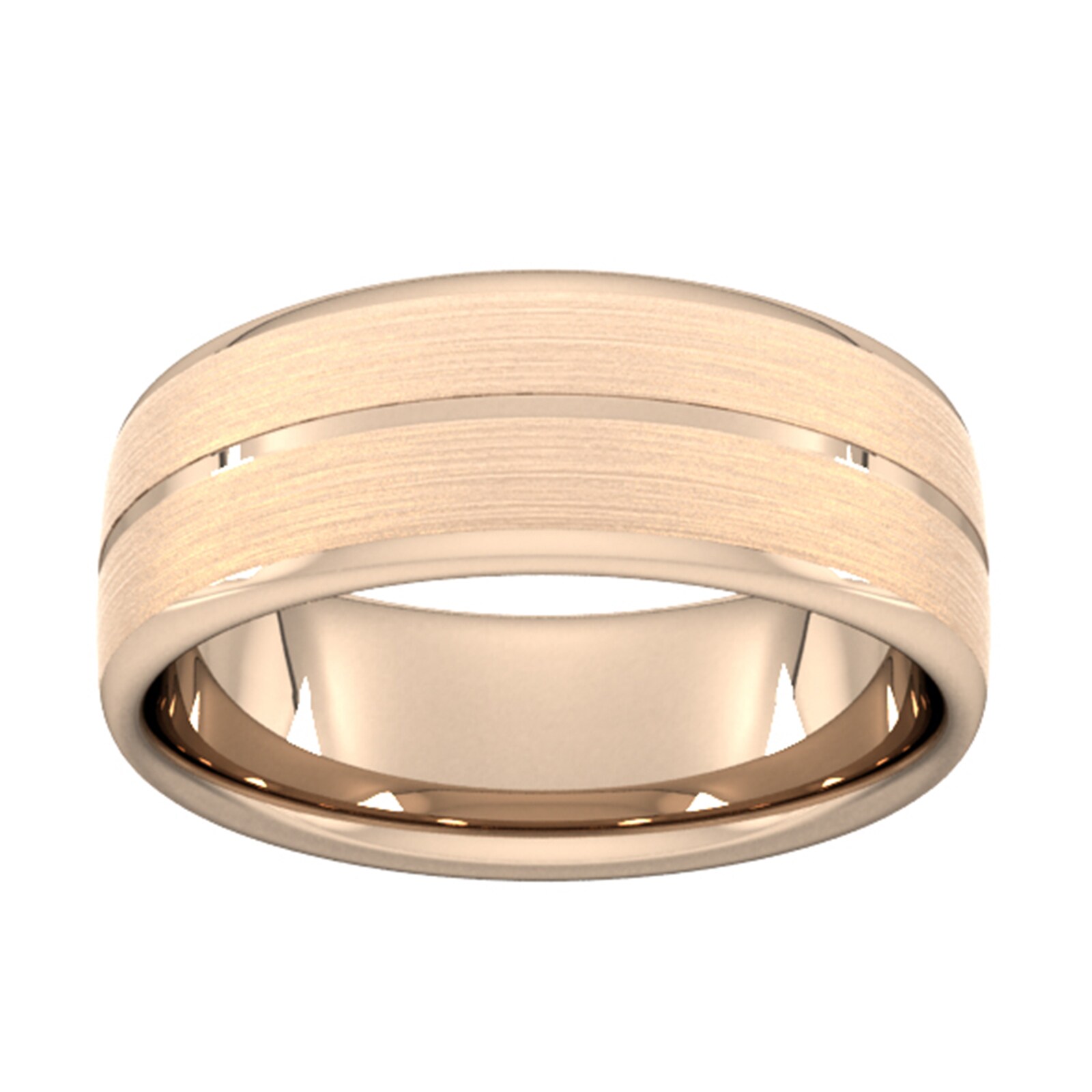 8mm Flat Court Heavy Centre Groove With Chamfered Edge Wedding Ring In 18 Carat Rose Gold - Ring Size T