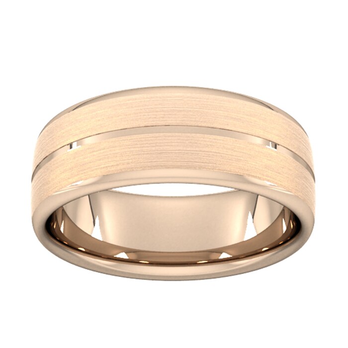 Goldsmiths 8mm Flat Court Heavy Centre Groove With Chamfered Edge Wedding Ring In 18 Carat Rose Gold