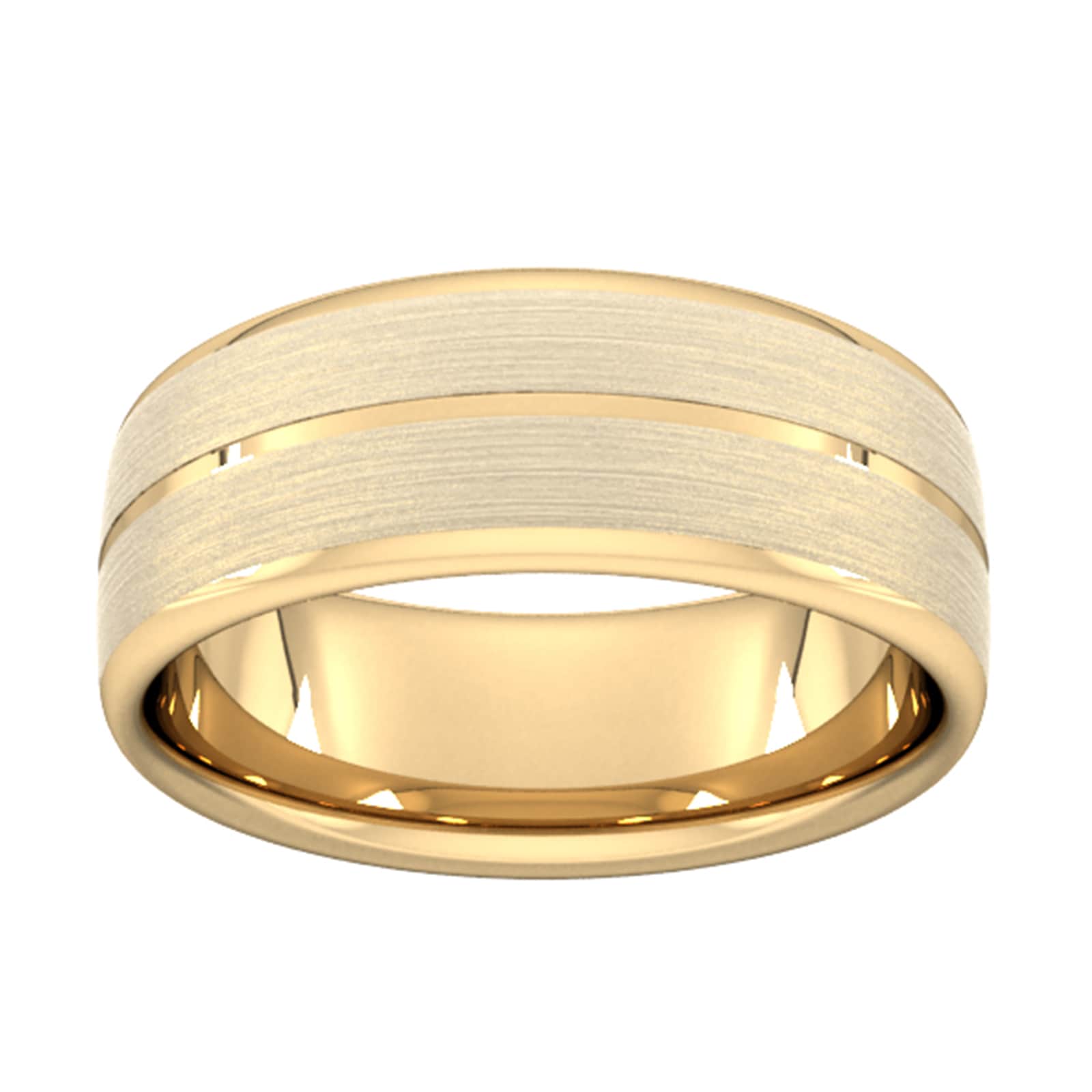 8mm D Shape Heavy Centre Groove With Chamfered Edge Wedding Ring In 18 Carat Yellow Gold - Ring Size V