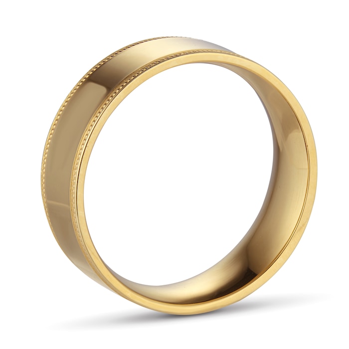 Goldsmiths 7mm Flat Court Heavy Milgrain Edge Wedding Ring In 18 Carat Yellow Gold - Ring Size Q