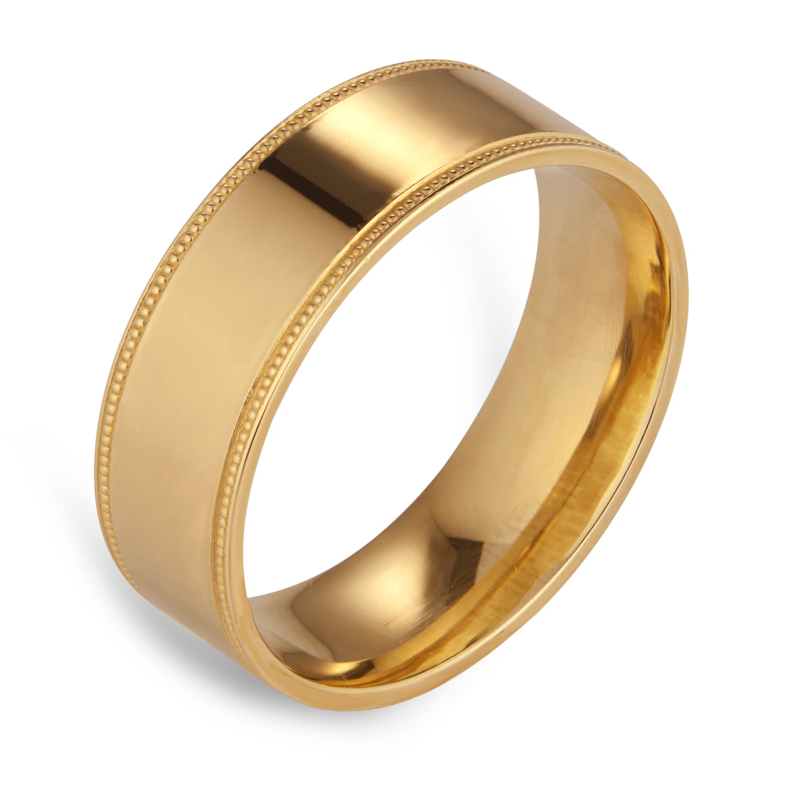Goldsmiths 7mm Flat Court Heavy Milgrain Edge Wedding Ring In 18 Carat Yellow Gold - Ring Size J Goldsmiths 7mm Flat Court Heavy Milgrain Edge Wedding Ring In 18 Carat Yellow Gold - Ring Size J