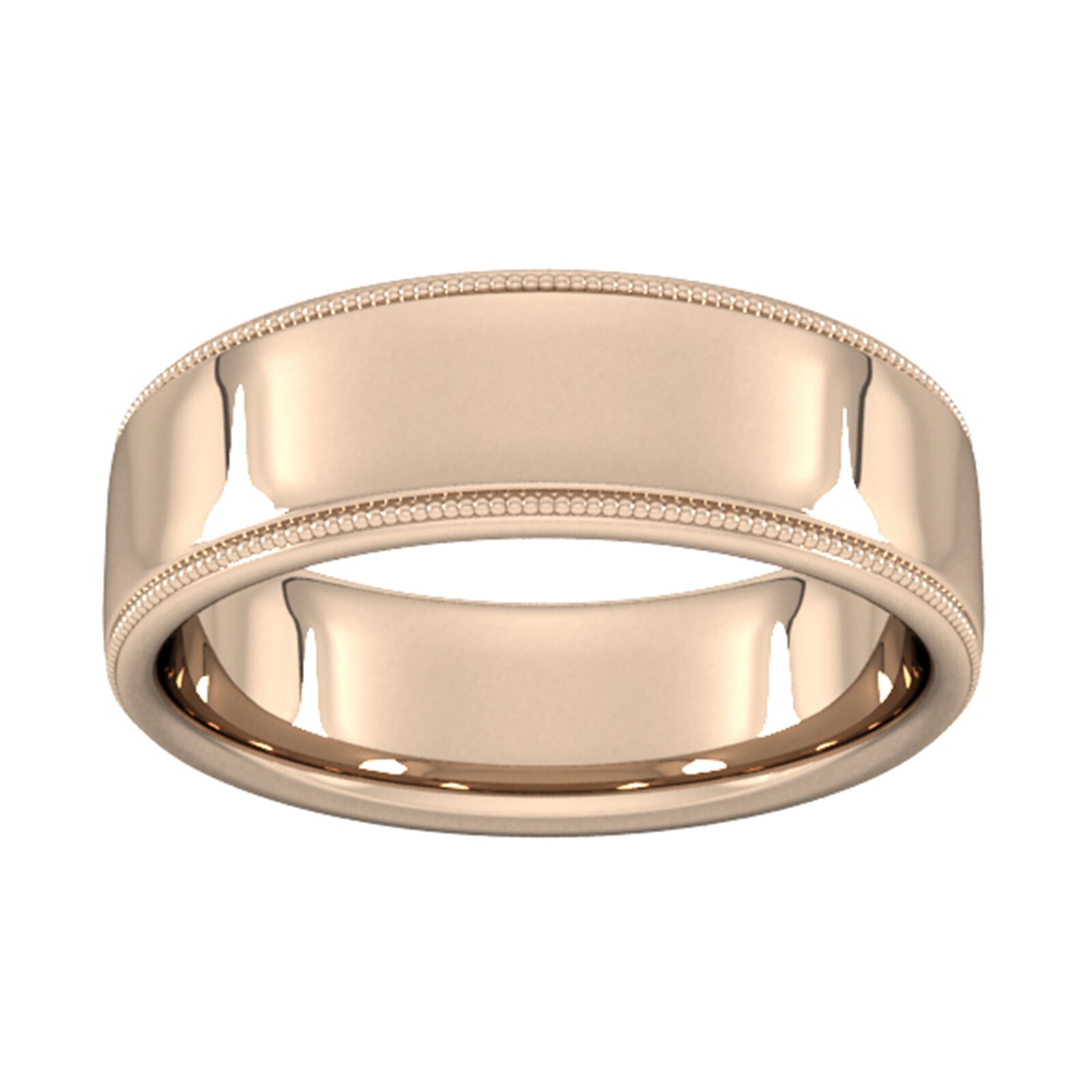 7mm Flat Court Heavy Milgrain Edge Wedding Ring In 18 Carat Rose Gold - Ring Size V