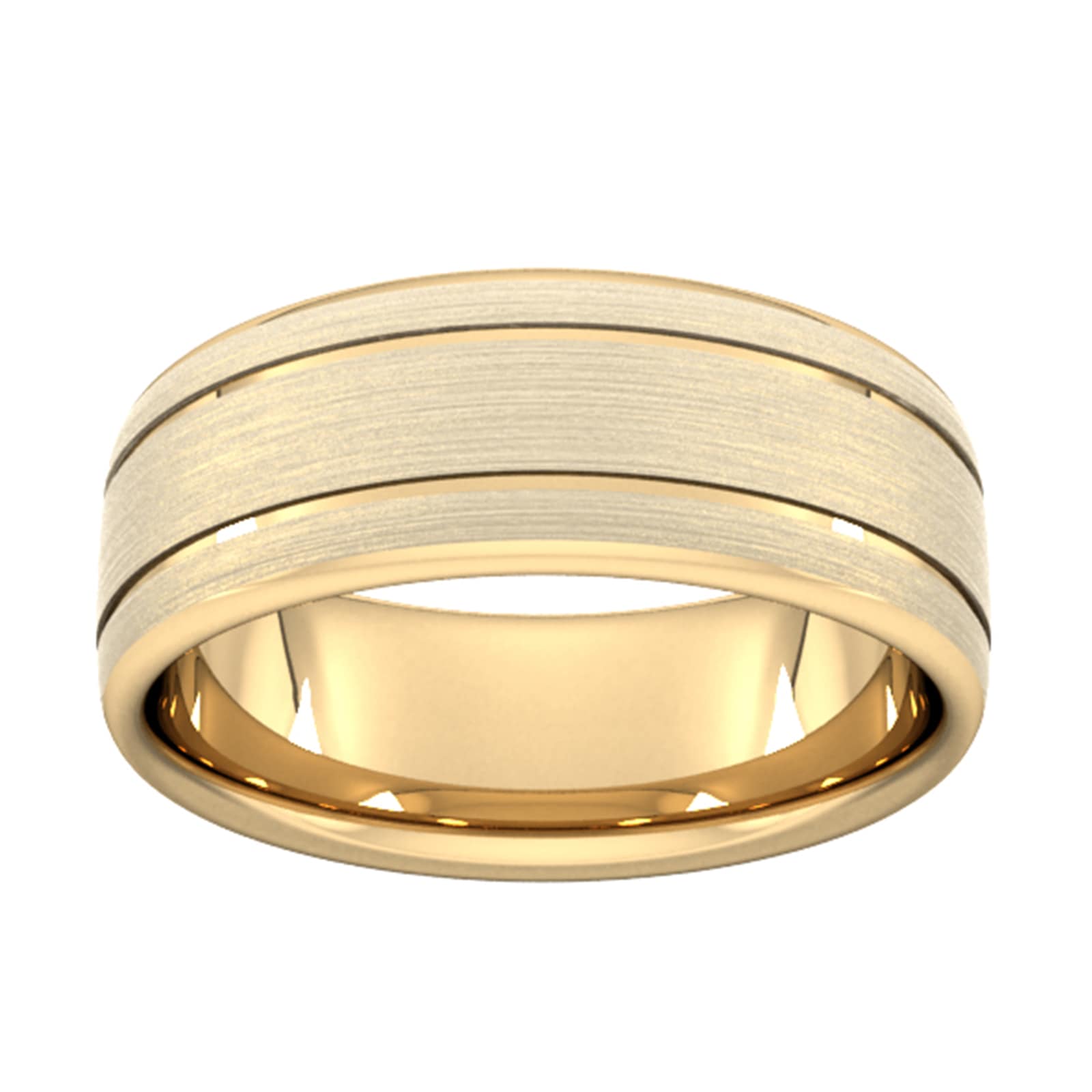 8mm slight court extra heavy matt finish with double grooves wedding ring in 9 carat yellow gold - ring size p