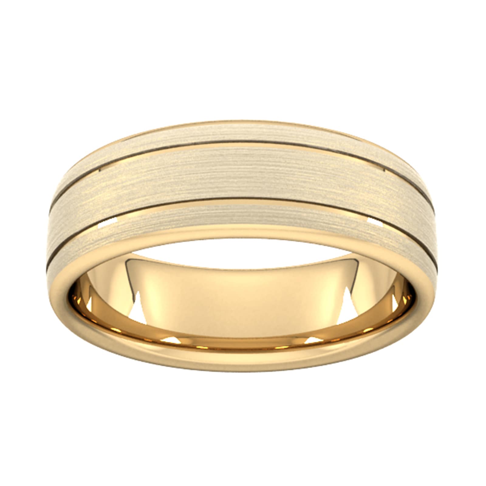 7mm Slight Court Heavy Matt Finish With Double Grooves Wedding Ring In 18 Carat Yellow Gold - Ring Size M