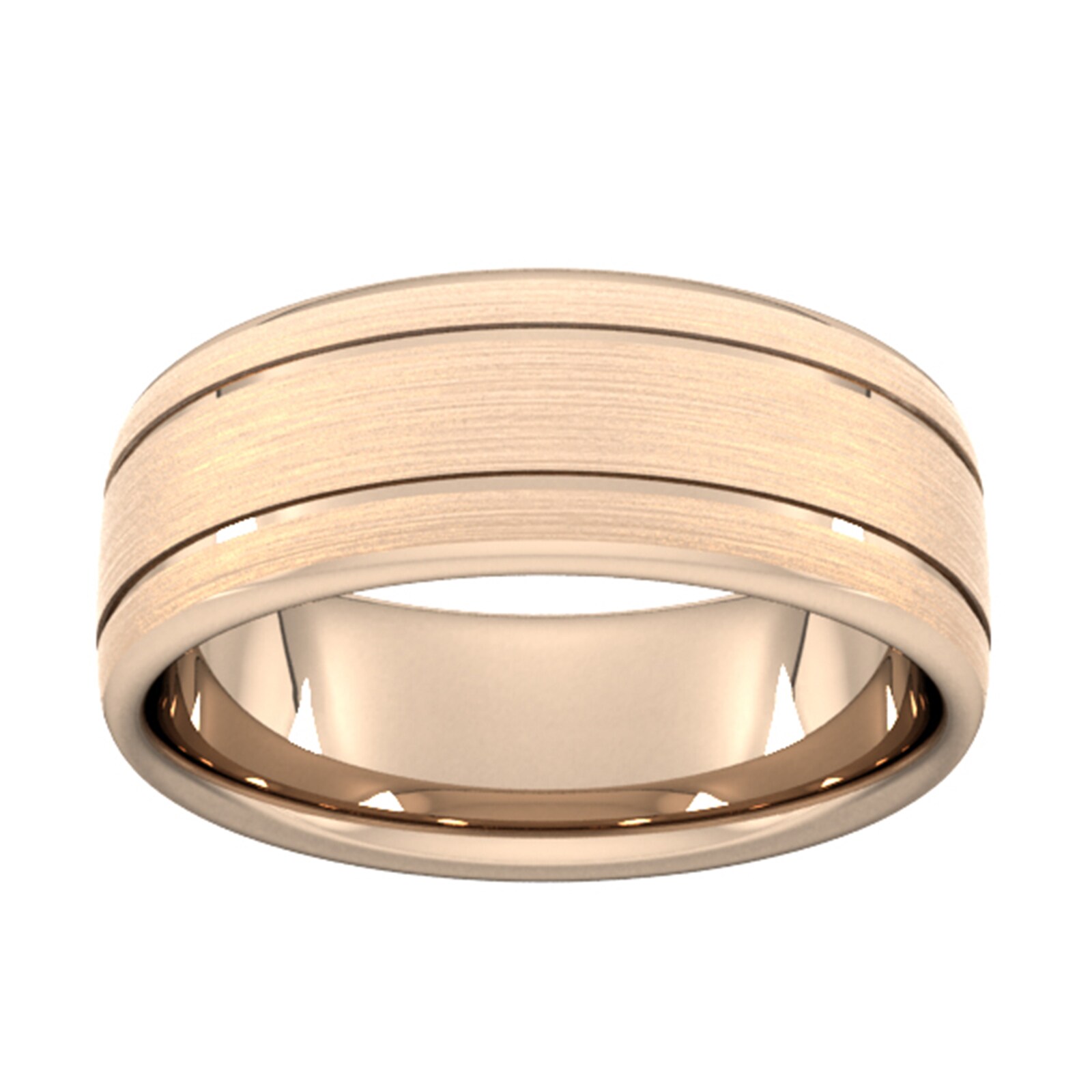 8mm Flat Court Heavy Matt Finish With Double Grooves Wedding Ring In 9 Carat Rose Gold - Ring Size U