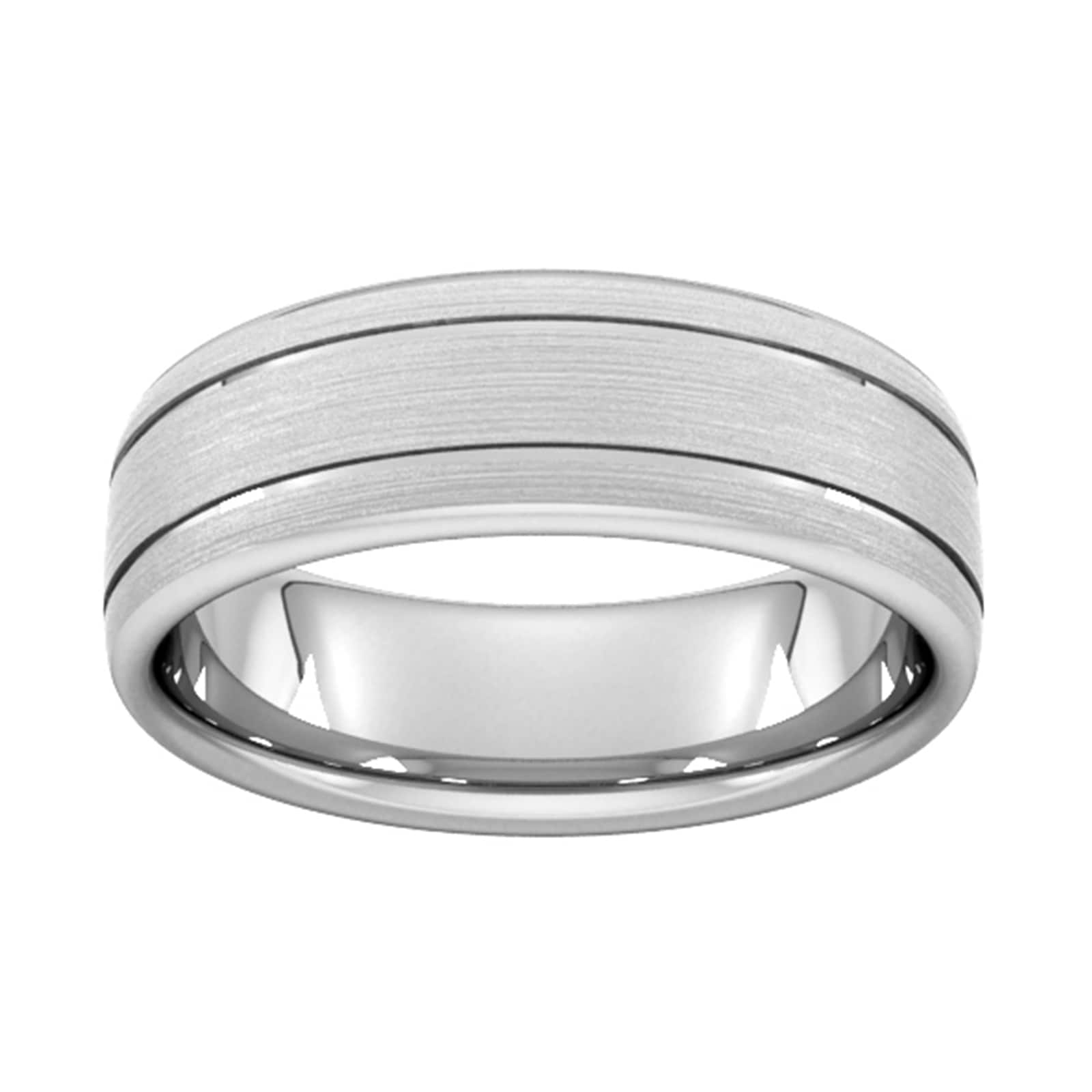 7mm Flat Court Heavy Matt Finish With Double Grooves Wedding Ring In 18 Carat White Gold - Ring Size U