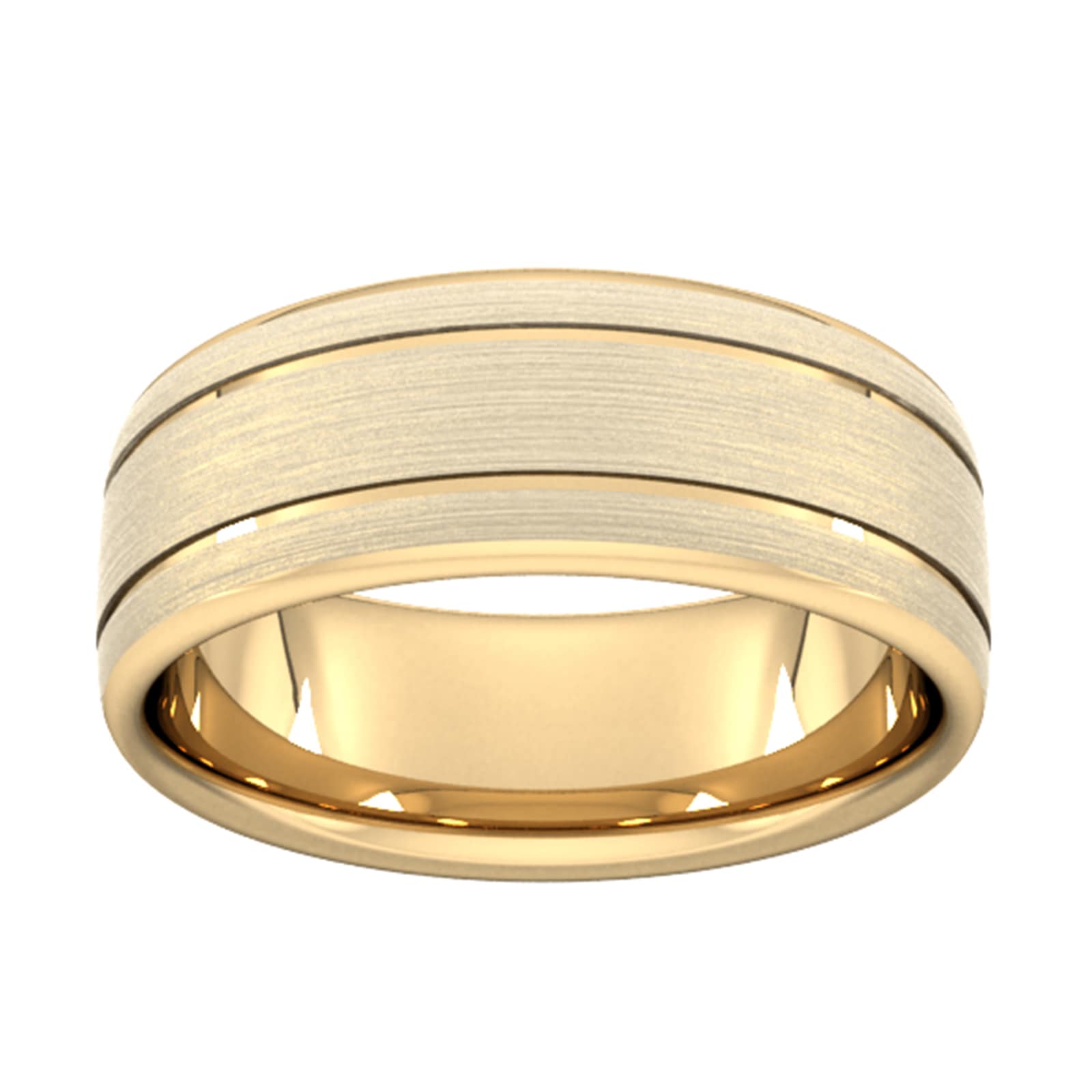 8mm Flat Court Heavy Matt Finish With Double Grooves Wedding Ring In 18 Carat Yellow Gold - Ring Size Z