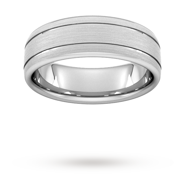 7mm Traditional Court Standard Matt Finish With Double Grooves Wedding Ring In 9 Carat White Gold - Ring Size V