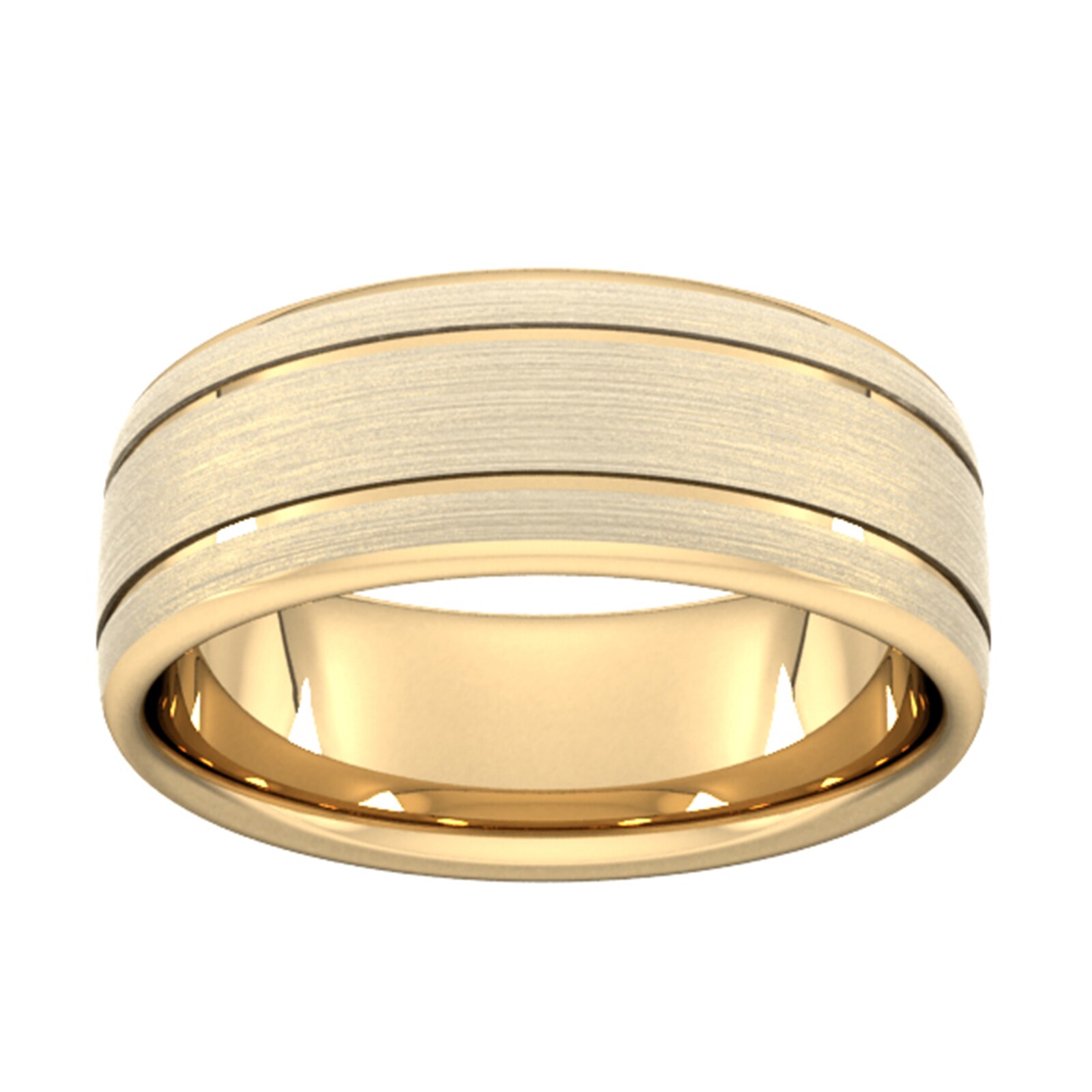 8mm Traditional Court Standard Matt Finish With Double Grooves Wedding Ring In 18 Carat Yellow Gold - Ring Size Q