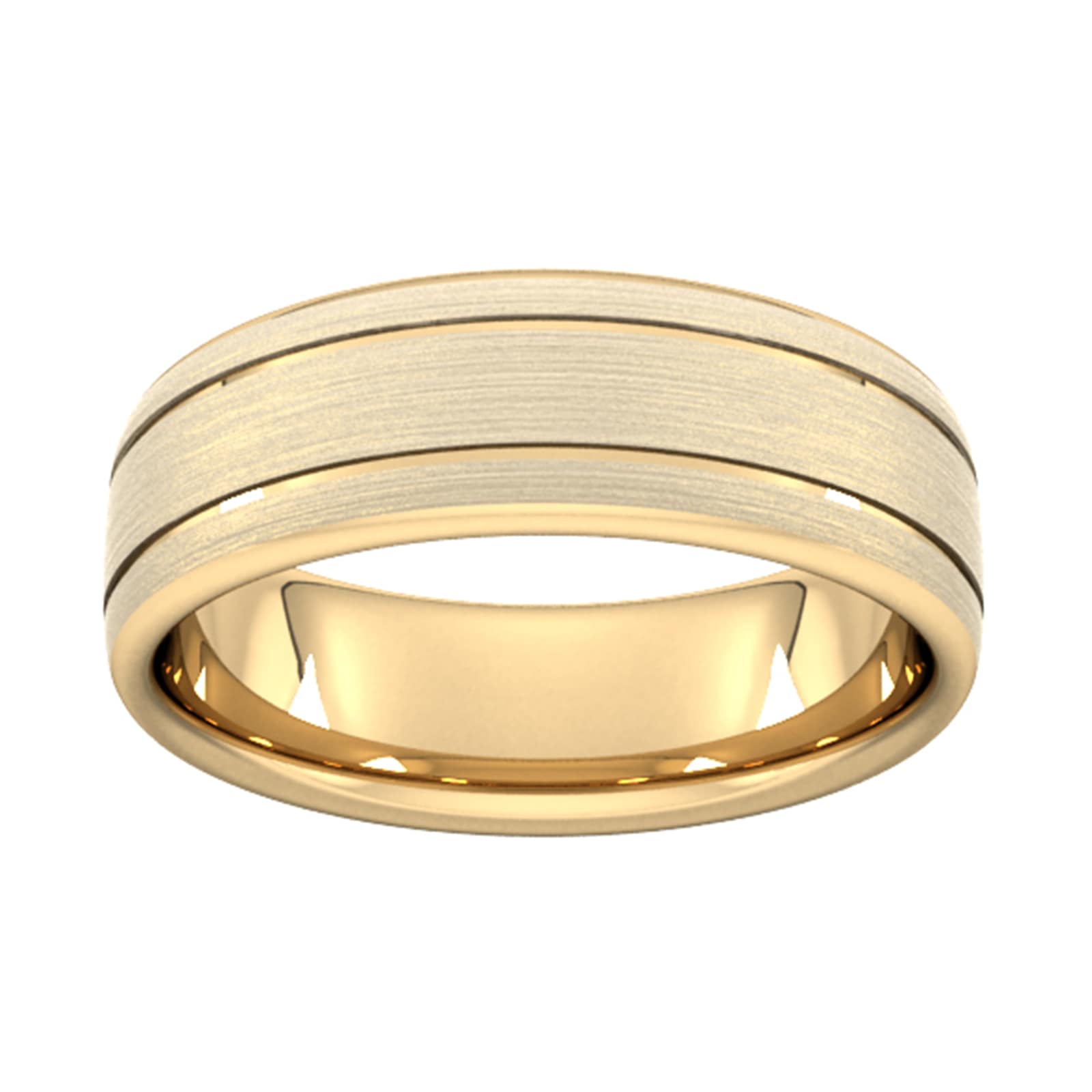 7mm D Shape Standard Matt Finish With Double Grooves Wedding Ring In 9 Carat Yellow Gold - Ring Size J