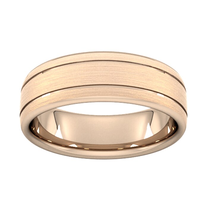 Goldsmiths 7mm D Shape Heavy Matt Finish With Double Grooves Wedding Ring In 9 Carat Rose Gold - Ring Size S