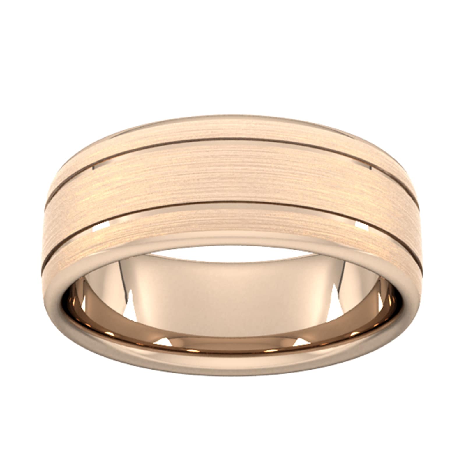 8mm d shape heavy matt finish with double grooves wedding ring in 9 carat rose gold - ring size u