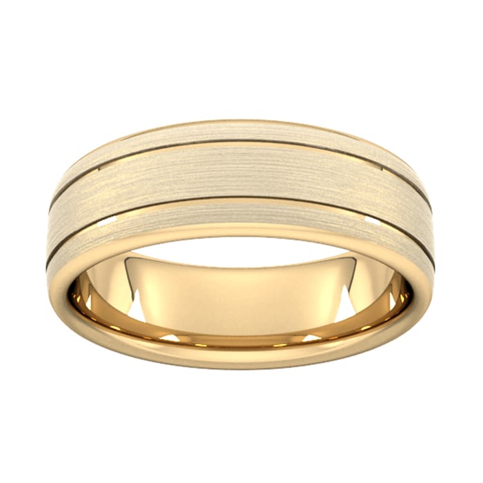 Goldsmiths 7mm D Shape Heavy Matt Finish With Double Grooves Wedding Ring In 18 Carat Yellow Gold - Ring Size P