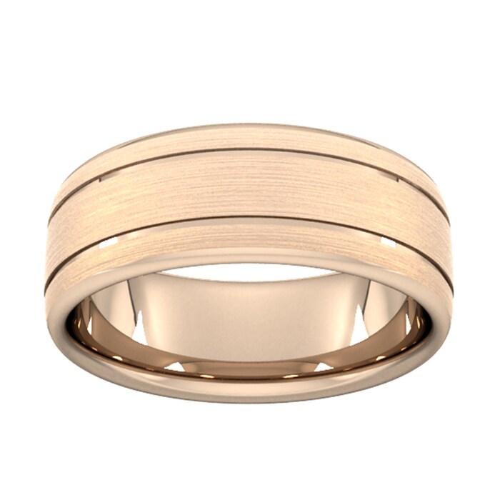 Goldsmiths 8mm D Shape Standard Matt Finish With Double Grooves Wedding Ring In 18 Carat Rose Gold