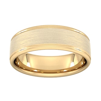 Goldsmiths 7mm Slight Court Heavy Matt Centre With Grooves Wedding Ring In 18 Carat Yellow Gold