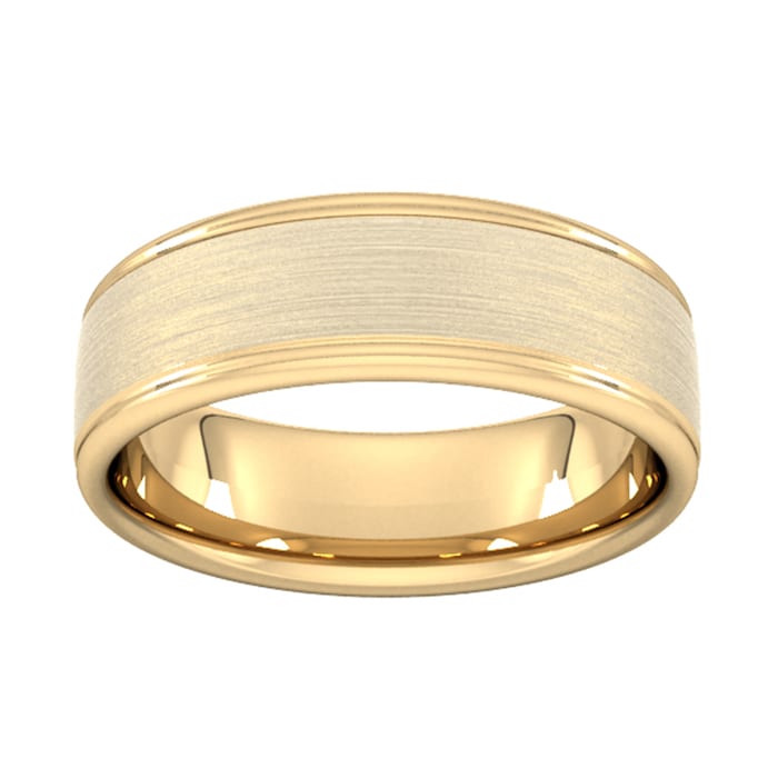 Goldsmiths 7mm Slight Court Extra Heavy Matt Centre With Grooves Wedding Ring In 18 Carat Yellow Gold