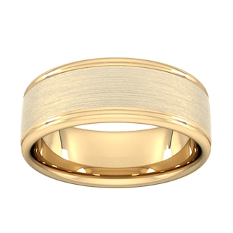 Goldsmiths 8mm Flat Court Heavy Matt Centre With Grooves Wedding Ring In 9 Carat Yellow Gold