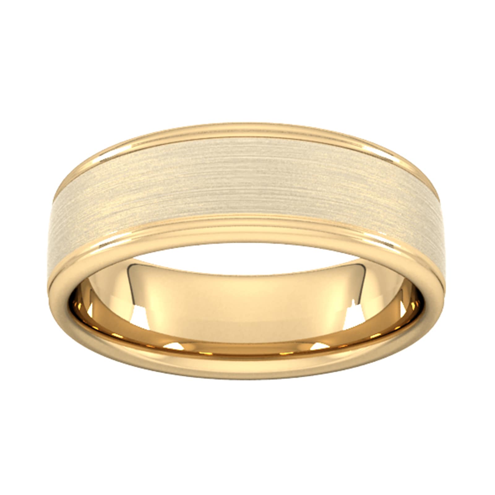 Goldsmiths 7mm Flat Court Heavy Matt Centre With Grooves Wedding Ring In 18 Carat Yellow Gold Goldsmiths 7mm Flat Court Heavy Matt Centre With Grooves Wedding Ring In 18 Carat Yellow Gold