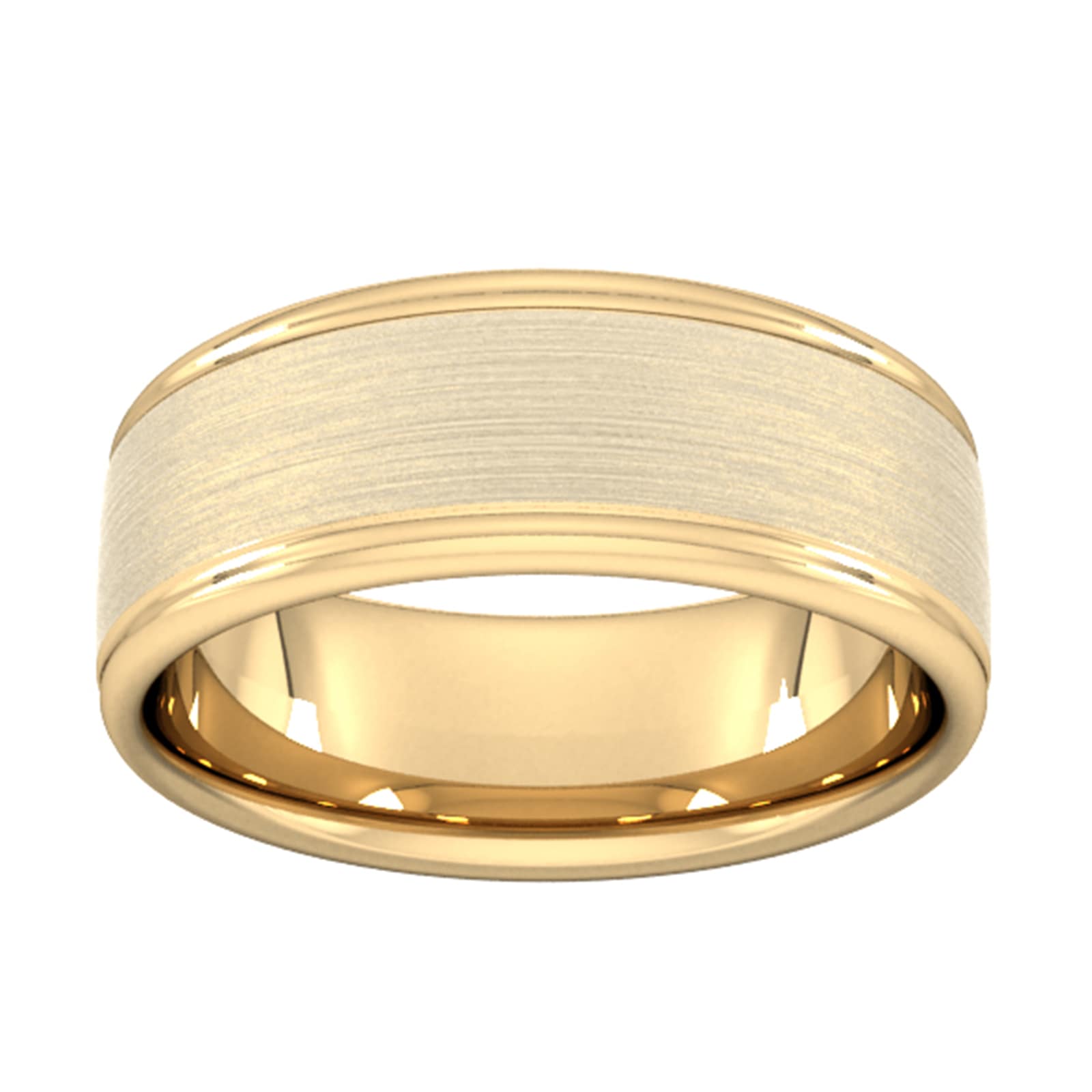 Goldsmiths 8mm Flat Court Heavy Matt Centre With Grooves Wedding Ring In 18 Carat Yellow Gold Goldsmiths 8mm Flat Court Heavy Matt Centre With Grooves Wedding Ring In 18 Carat Yellow Gold