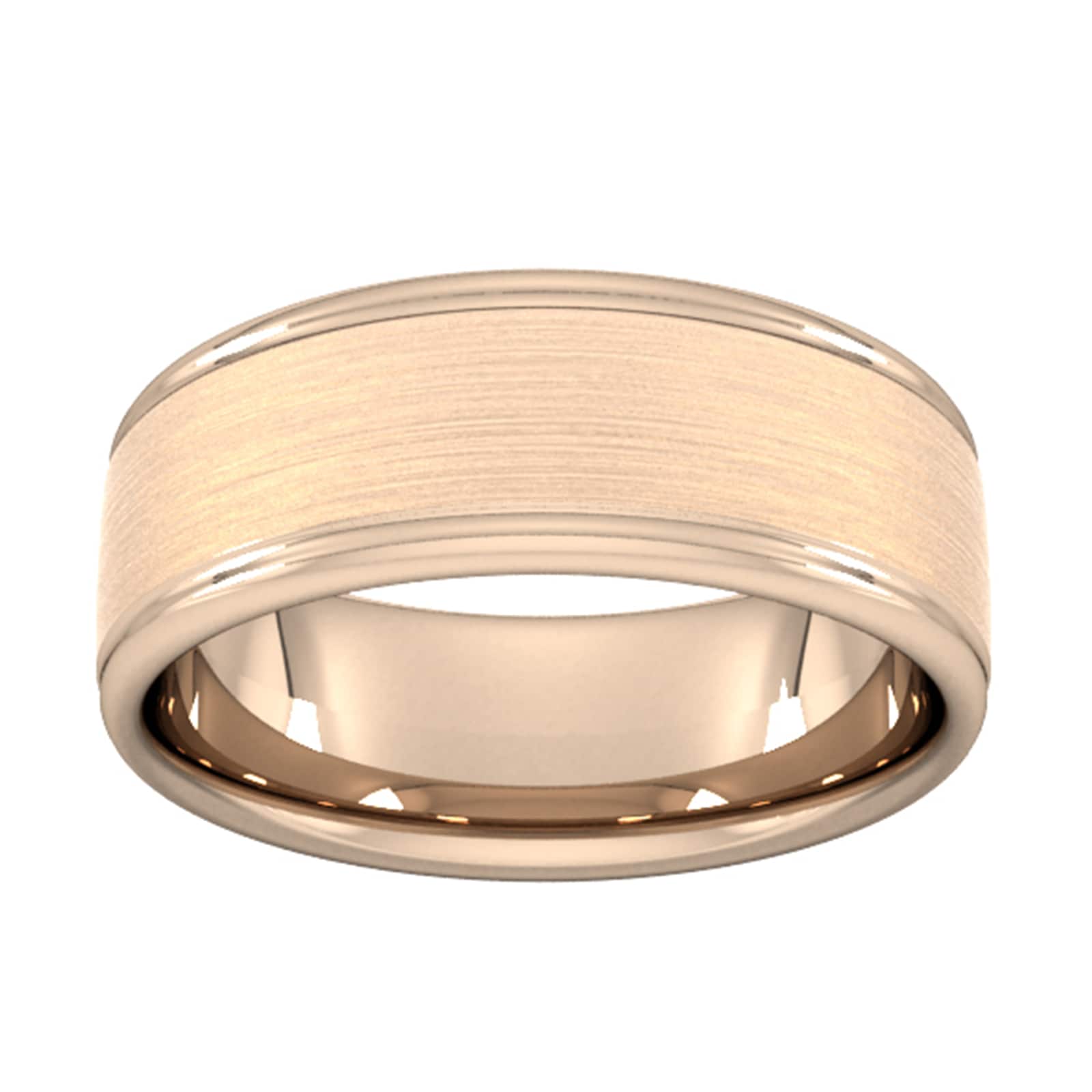 Goldsmiths 8mm Flat Court Heavy Matt Centre With Grooves Wedding Ring In 18 Carat Rose Gold Goldsmiths 8mm Flat Court Heavy Matt Centre With Grooves Wedding Ring In 18 Carat Rose Gold
