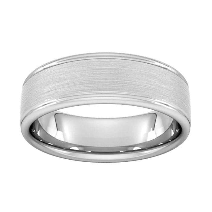 Goldsmiths 7mm Traditional Court Standard Matt Centre With Grooves Wedding Ring In 18 Carat White Gold