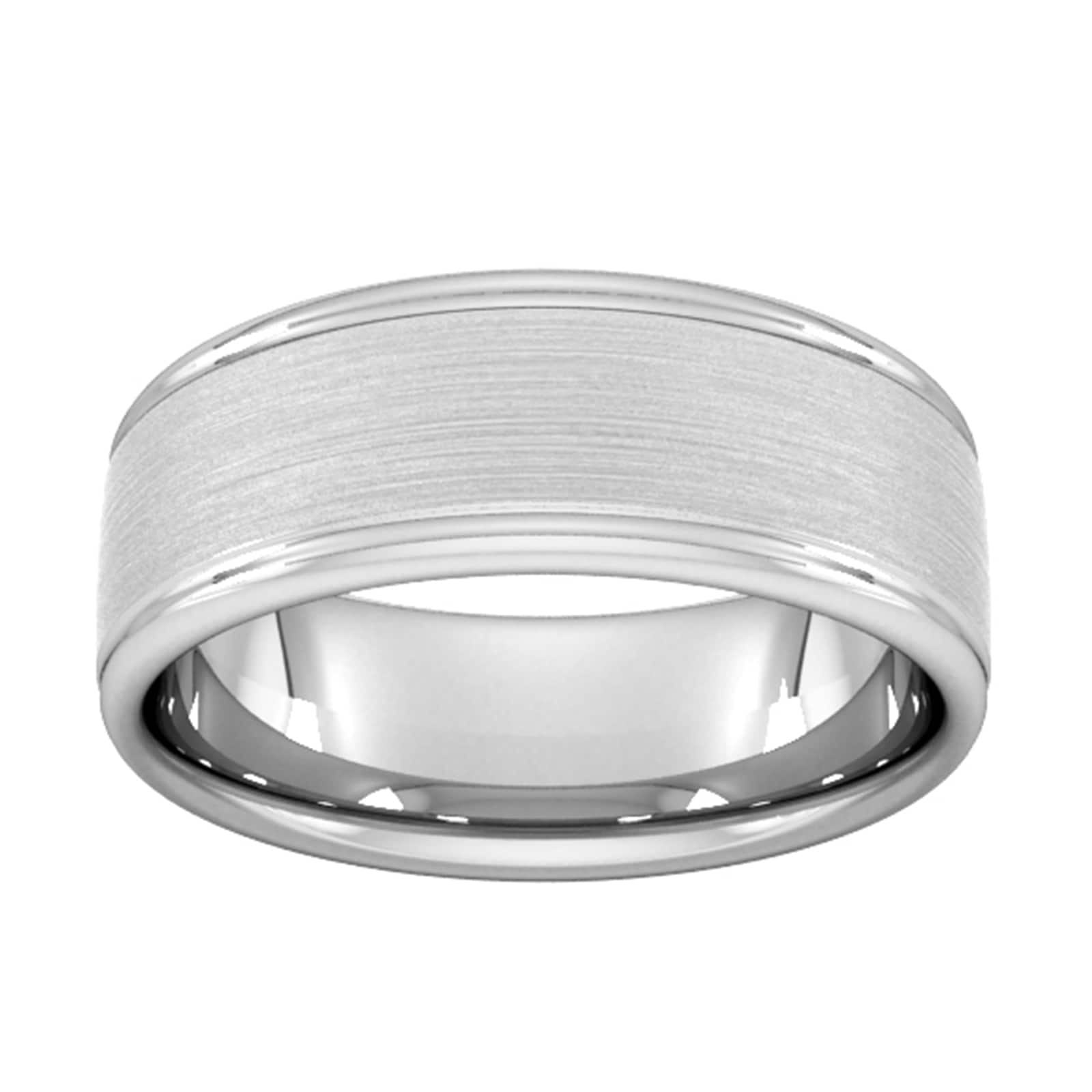 8mm Traditional Court Standard Matt Centre With Grooves Wedding Ring In 18 Carat White Gold - Ring Size V