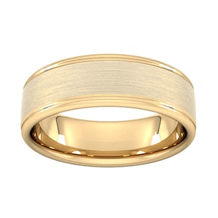 Goldsmiths 7mm D Shape Heavy Matt Centre With Grooves Wedding Ring In 18 Carat Yellow Gold