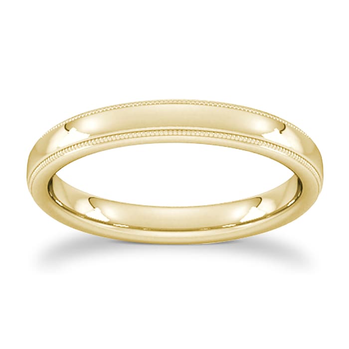 Goldsmiths 3mm D Shape Standard Milgrain Edge Wedding Ring In 9 Carat Yellow Gold