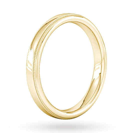 Goldsmiths 3mm D Shape Standard Milgrain Edge Wedding Ring In 9 Carat Yellow Gold