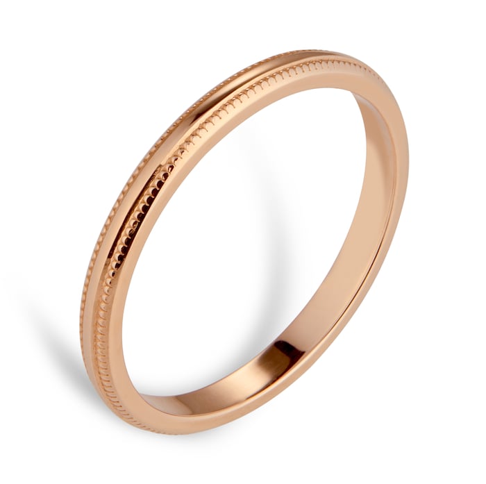 Goldsmiths 2mm D Shape Standard Milgrain Edge Wedding Ring In 9 Carat Rose Gold