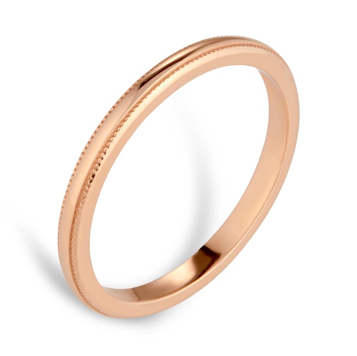 Goldsmiths 2mm D Shape Heavy Milgrain Edge Wedding Ring In 18 Carat Rose Gold