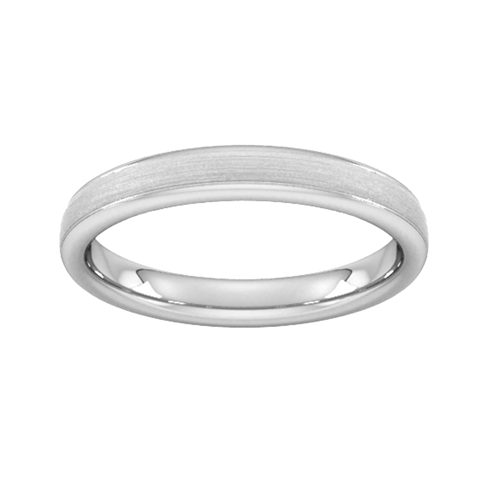 3mm D Shape Heavy Matt Centre With Grooves Wedding Ring In 18 Carat White Gold - Ring Size W
