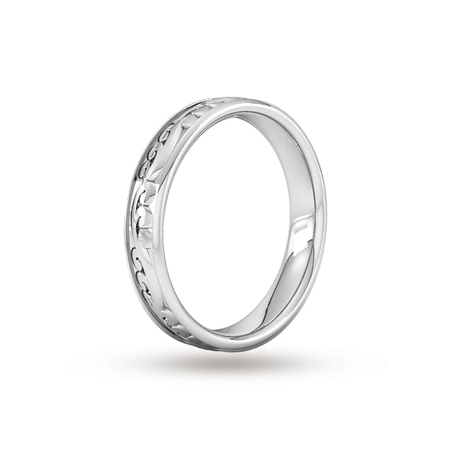 Goldsmiths 4mm Hand Engraved Wedding Ring In 9 Carat White Gold - Ring Size P