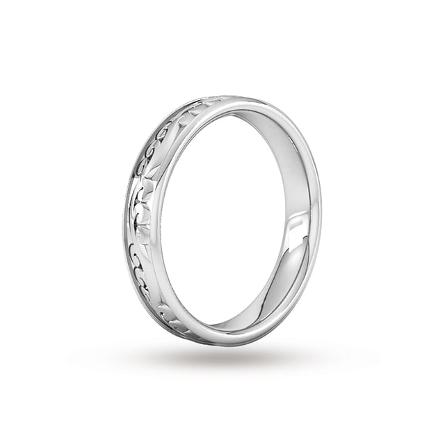 Goldsmiths 4mm Hand Engraved Wedding Ring In 9 Carat White Gold - Ring Size R