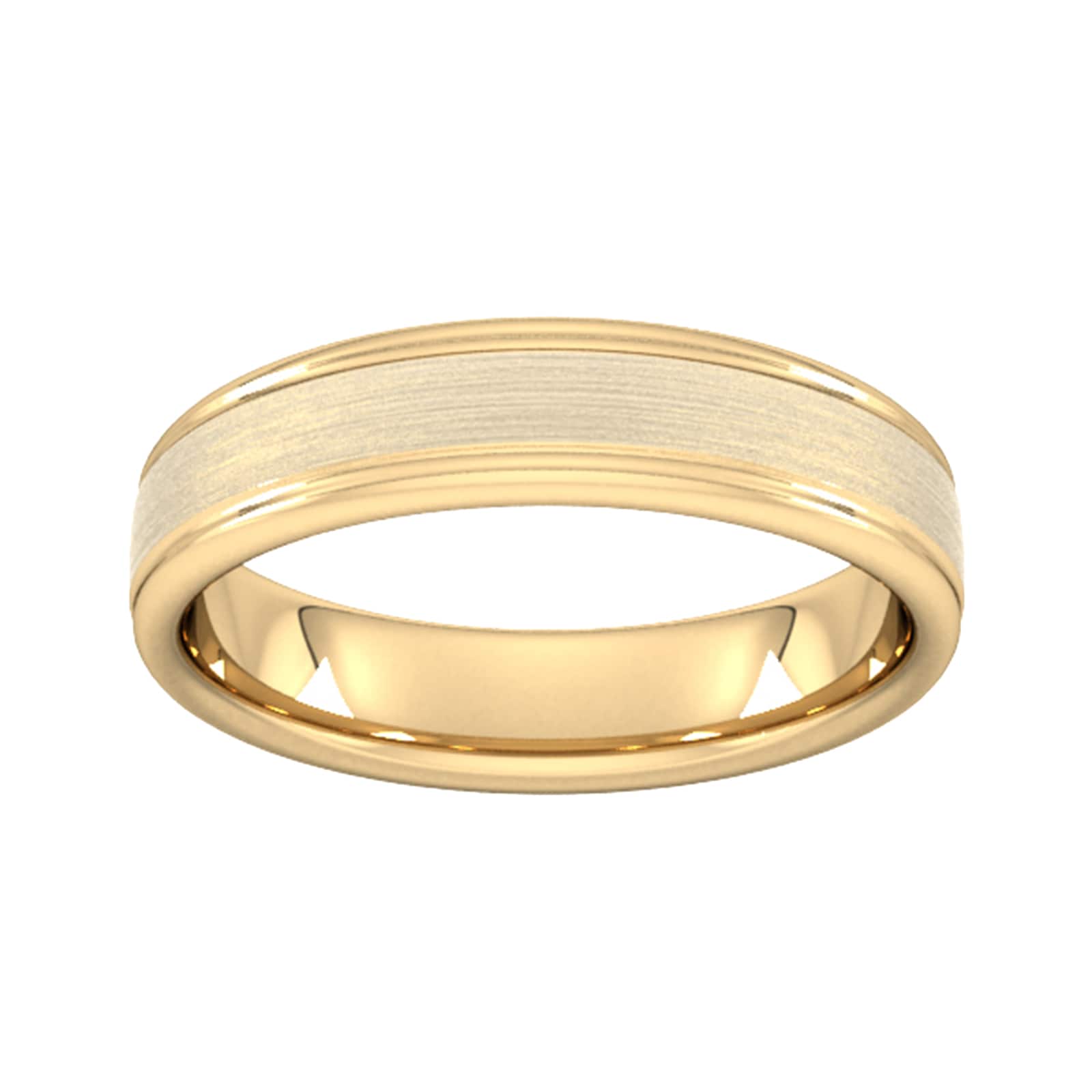 Goldsmiths 5mm Slight Court Heavy Matt Centre With Grooves Wedding Ring In 18 Carat Yellow Gold