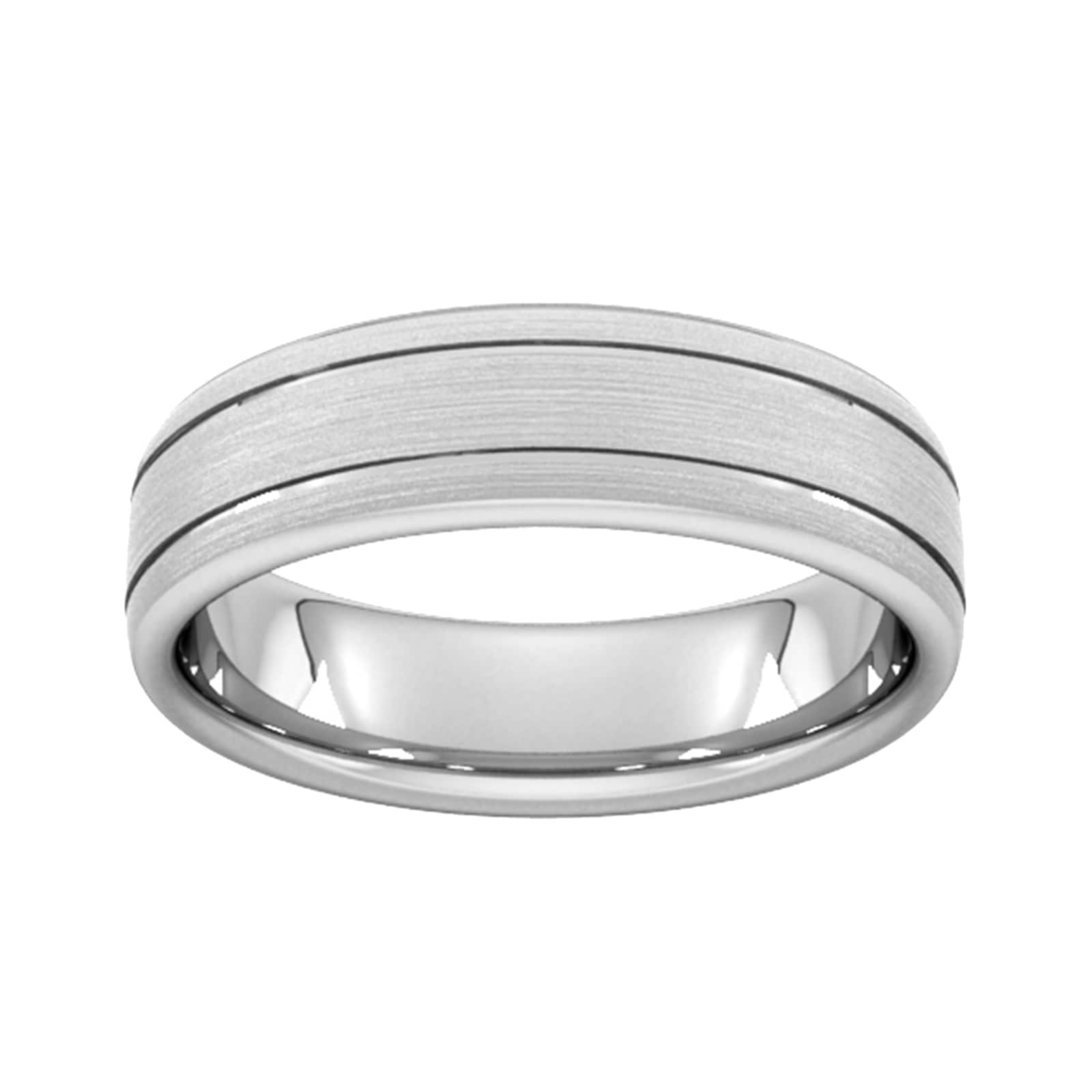 6mm Slight Court Heavy Matt Finish With Double Grooves Wedding Ring In 9 Carat White Gold - Ring Size H