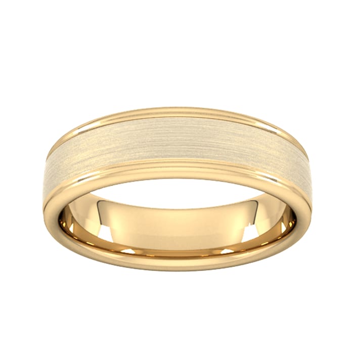 Goldsmiths 6mm Slight Court Heavy Matt Centre With Grooves Wedding Ring In 18 Carat Yellow Gold