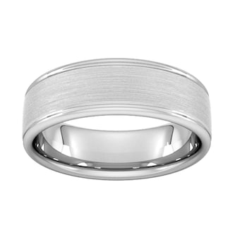 Goldsmiths 7mm Slight Court Heavy Matt Centre With Grooves Wedding Ring In 9 Carat White Gold