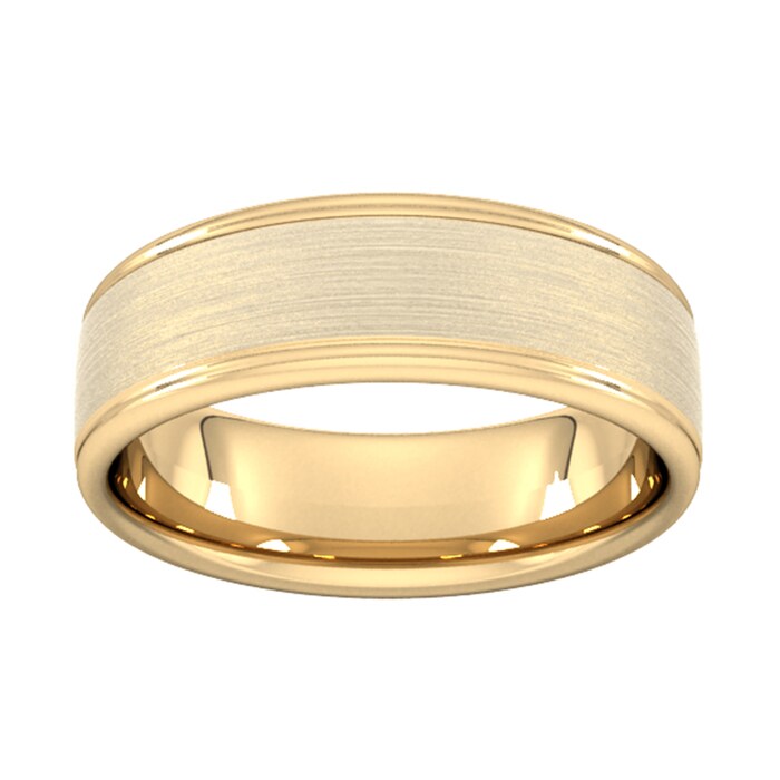Goldsmiths 7mm Slight Court Heavy Matt Centre With Grooves Wedding Ring In 9 Carat Yellow Gold - Ring Size L