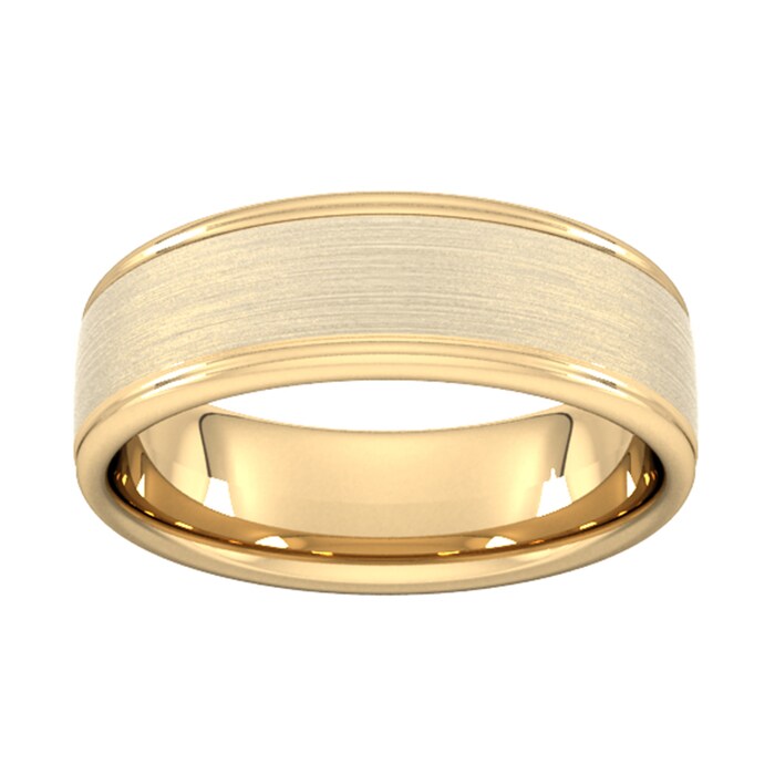 Goldsmiths 7mm Slight Court Heavy Matt Centre With Grooves Wedding Ring In 9 Carat Yellow Gold